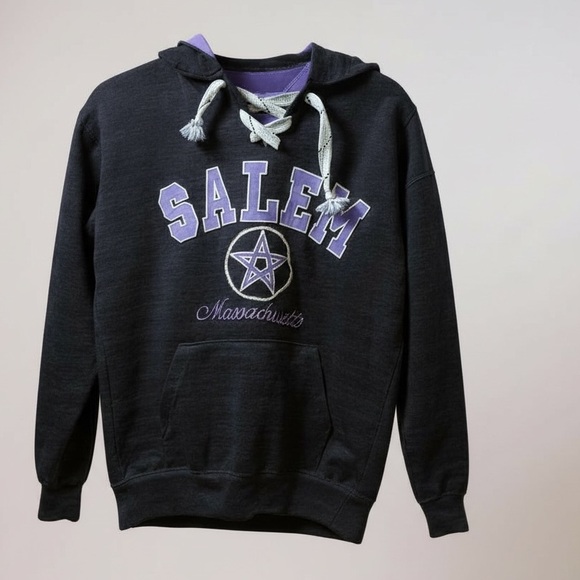 Bay State Gear Tops - Salem MA Hockey Lace-Up Hoodie Sweatshirt Pentagram Collegiate Graphic Black S